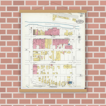Old map wall art mockup — magnetic wood frame on brick wall — Sanborn Fire Insurance Map from Traverse City, Grand Traverse County, Michigan (1920), Sheet #0027