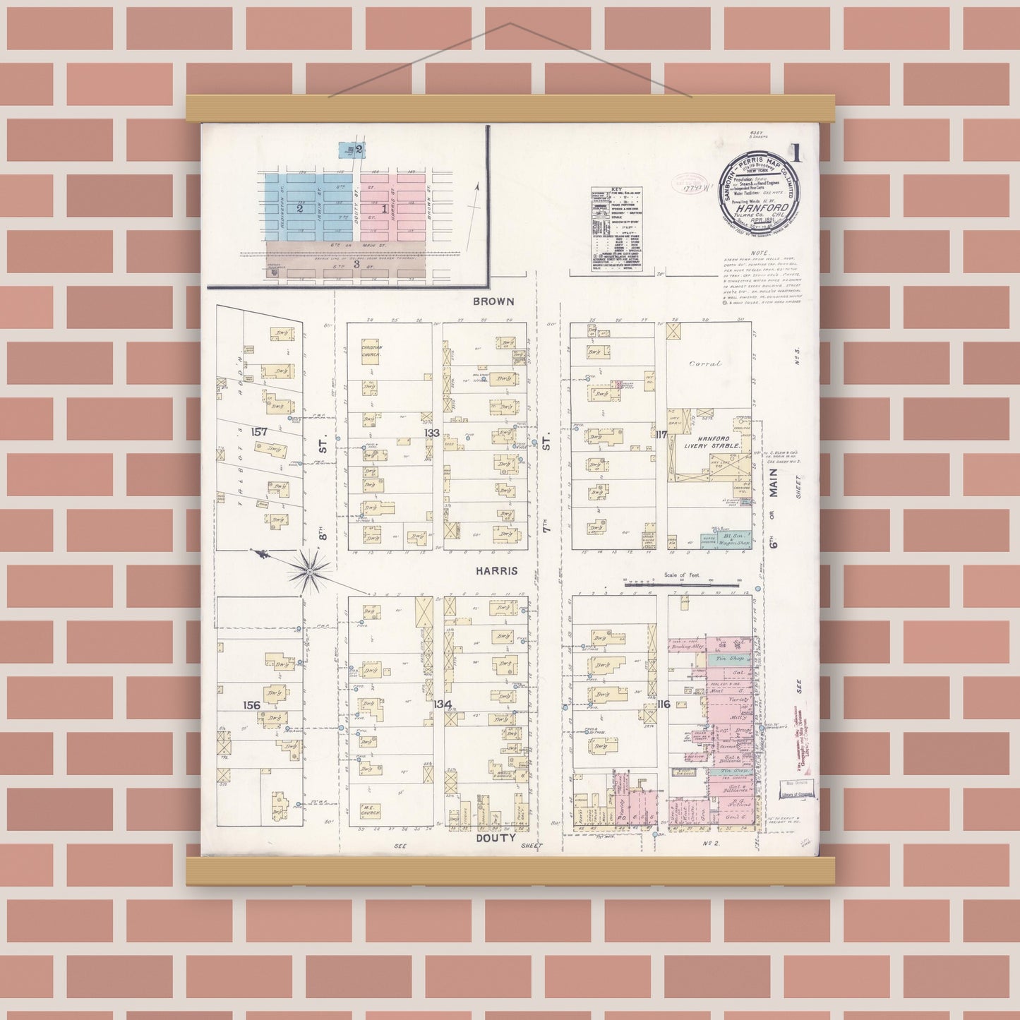 Old map wall art mockup — magnetic wood frame on brick wall — Sanborn Fire Insurance Map from Hanford, Kings County, California (1891) - Complete Map Set