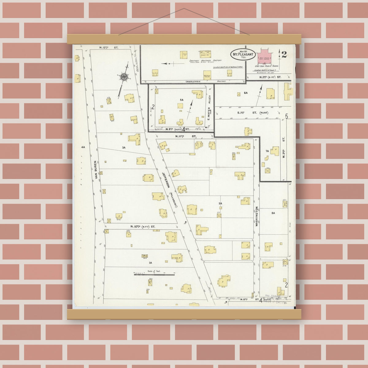 Old map wall art mockup — magnetic wood frame on brick wall — Sanborn Fire Insurance Map from Mount Pleasant, Titus County, Texas (1911), Sheet #0002