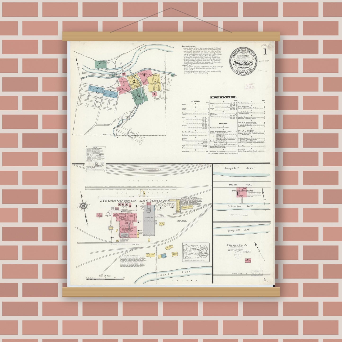 Old map wall art mockup — magnetic wood frame on brick wall — Sanborn Fire Insurance Map from Birdsboro, Berks County, Pennsylvania (1912) - Complete Map Set