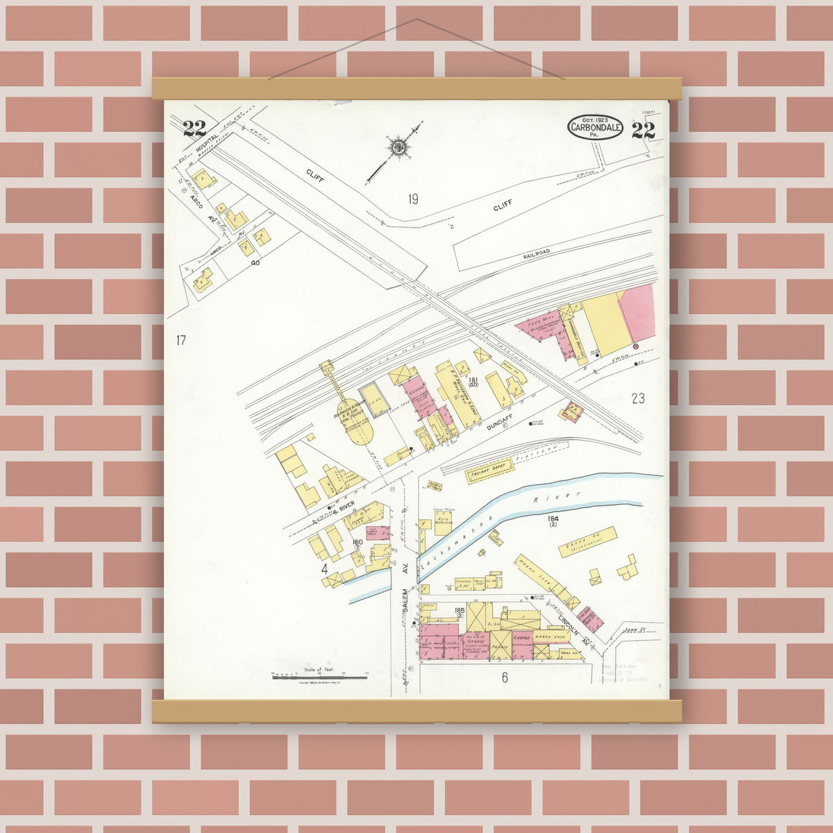 Old map wall art mockup — magnetic wood frame on brick wall — Sanborn Fire Insurance Map from Carbondale, Lackawanna County, Pennsylvania (1923), Sheet #0022