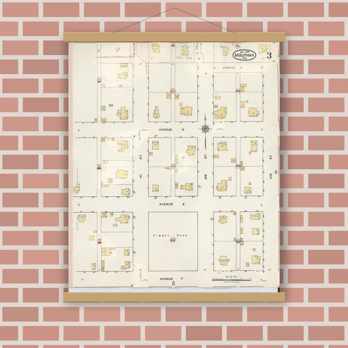Old map wall art mockup — magnetic wood frame on brick wall — Sanborn Fire Insurance Map from Midlothian, Ellis County, Texas (1944), Sheet #0003