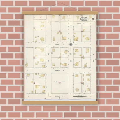 Old map wall art mockup — magnetic wood frame on brick wall — Sanborn Fire Insurance Map from Midlothian, Ellis County, Texas (1944), Sheet #0003