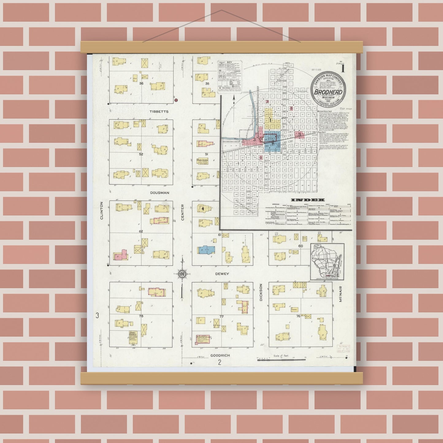 Old map wall art mockup — magnetic wood frame on brick wall — Sanborn Fire Insurance Map from Brodhead, Green County, Wisconsin (1915), Sheet #0001