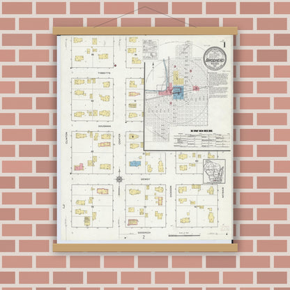 Old map wall art mockup — magnetic wood frame on brick wall — Sanborn Fire Insurance Map from Brodhead, Green County, Wisconsin (1915), Sheet #0001