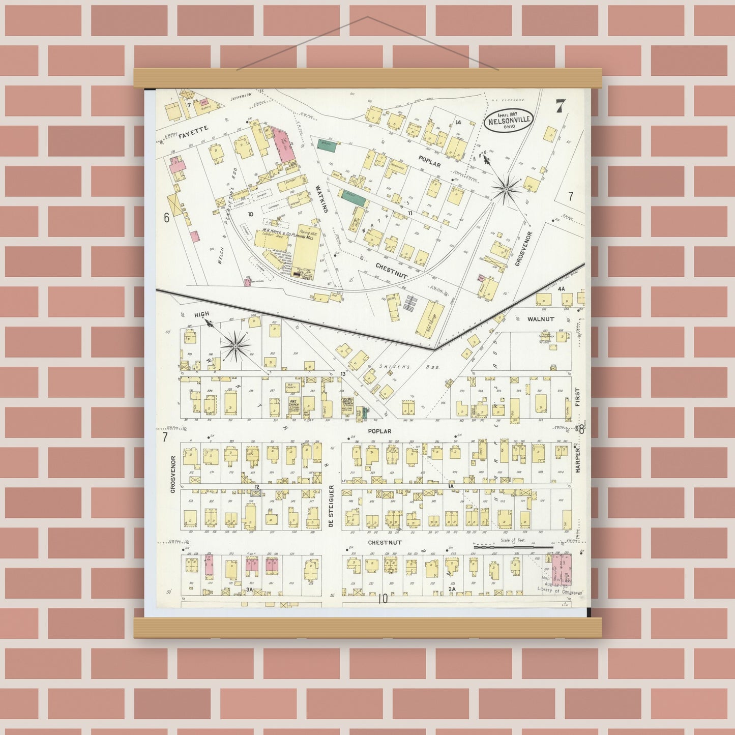 Old map wall art mockup — magnetic wood frame on brick wall — Sanborn Fire Insurance Map from Nelsonville, Athens County, Ohio (1907), Sheet #0007