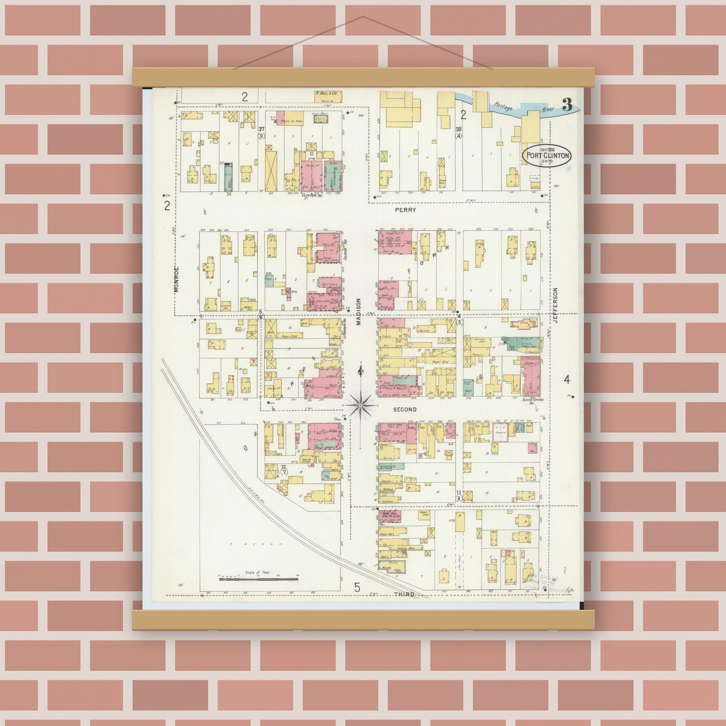 Old map wall art mockup — magnetic wood frame on brick wall — Sanborn Fire Insurance Map from Port Clinton, Ottawa County, Ohio (1898), Sheet #0003
