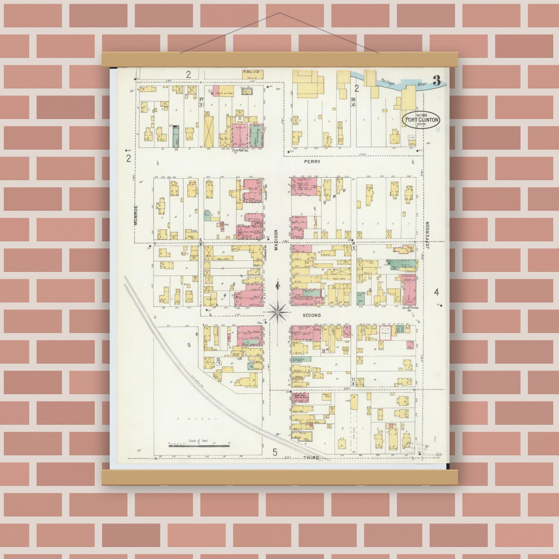 Old map wall art mockup — magnetic wood frame on brick wall — Sanborn Fire Insurance Map from Port Clinton, Ottawa County, Ohio (1898), Sheet #0003