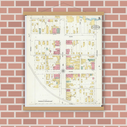 Old map wall art mockup — magnetic wood frame on brick wall — Sanborn Fire Insurance Map from Port Clinton, Ottawa County, Ohio (1898), Sheet #0003