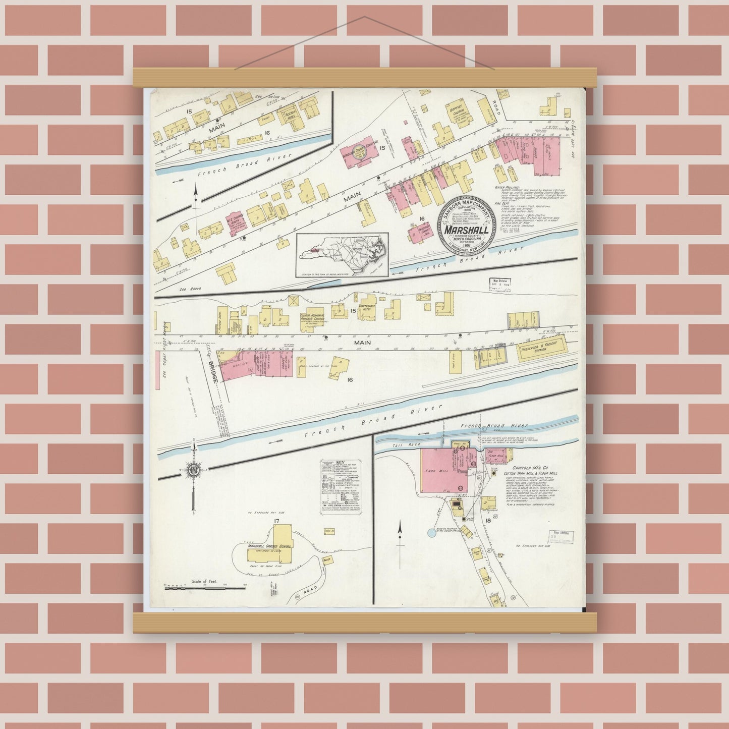 Old map wall art mockup — magnetic wood frame on brick wall — Sanborn Fire Insurance Map from Marshall, Madison County, North Carolina (1916), Sheet #0001