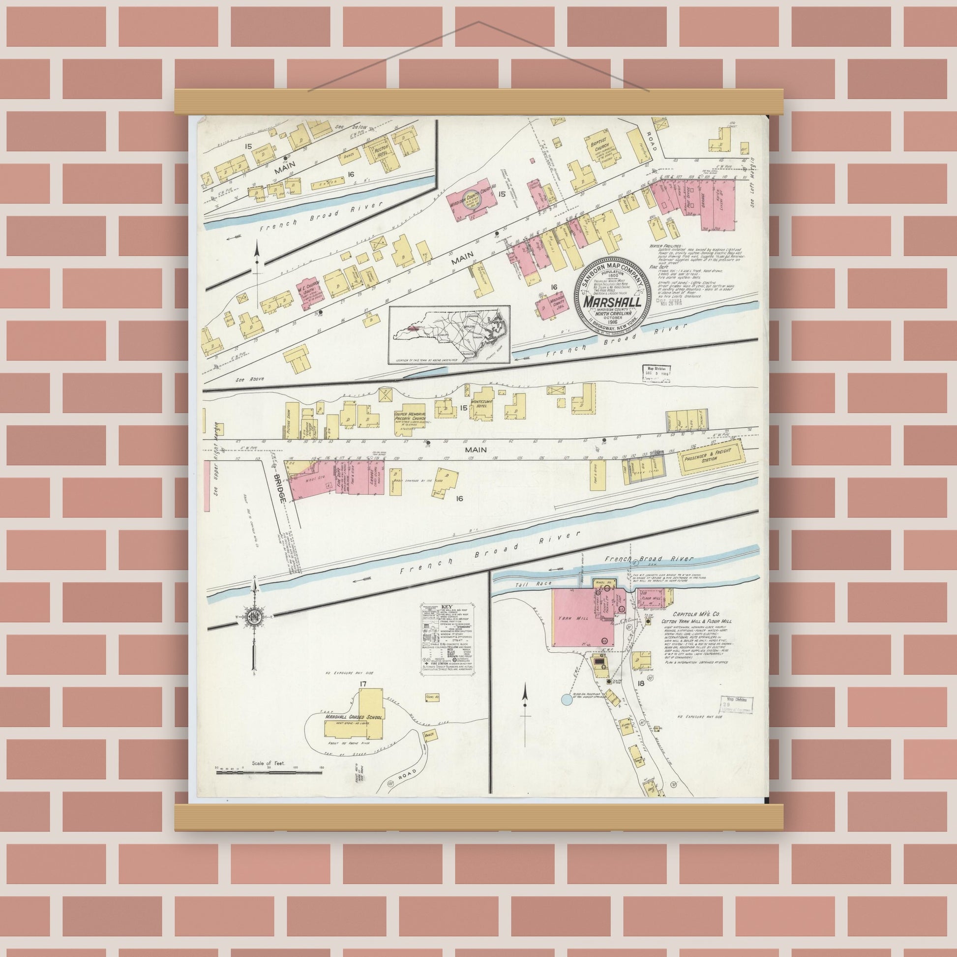 Old map wall art mockup — magnetic wood frame on brick wall — Sanborn Fire Insurance Map from Marshall, Madison County, North Carolina (1916), Sheet #0001