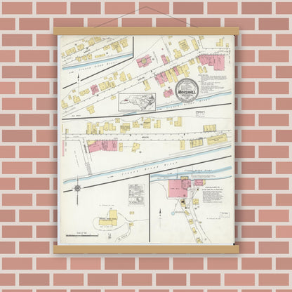 Old map wall art mockup — magnetic wood frame on brick wall — Sanborn Fire Insurance Map from Marshall, Madison County, North Carolina (1916), Sheet #0001
