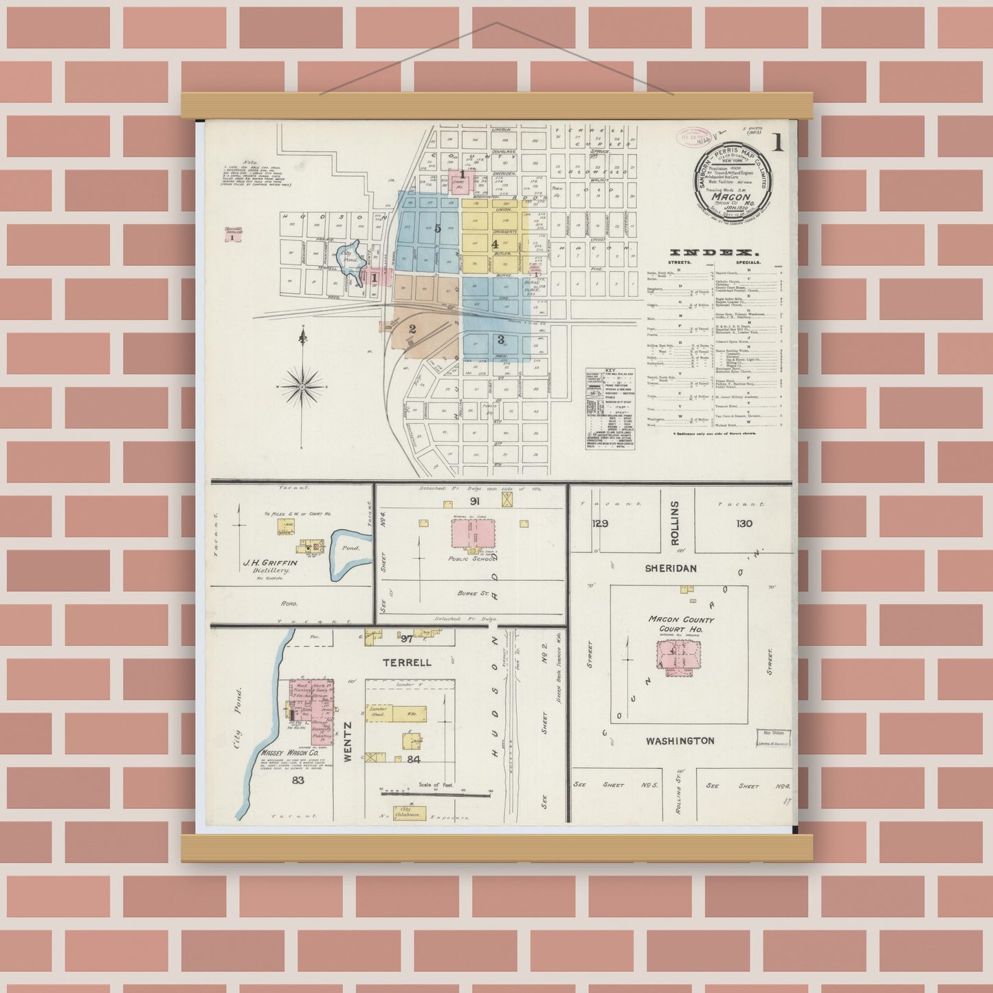 Old map wall art mockup — magnetic wood frame on brick wall — Sanborn Fire Insurance Map from Macon, Macon County, Missouri (1890), Sheet #0001