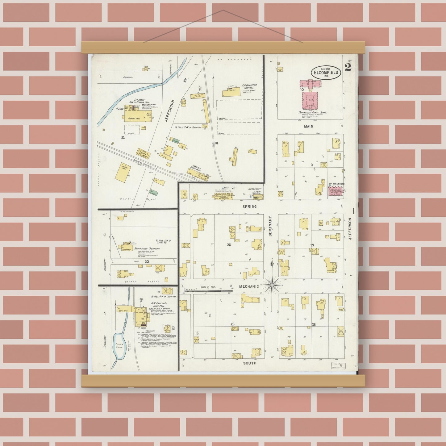 Old map wall art mockup — magnetic wood frame on brick wall — Sanborn Fire Insurance Map from Bloomfield, Greene County, Indiana (1898), Sheet #0002