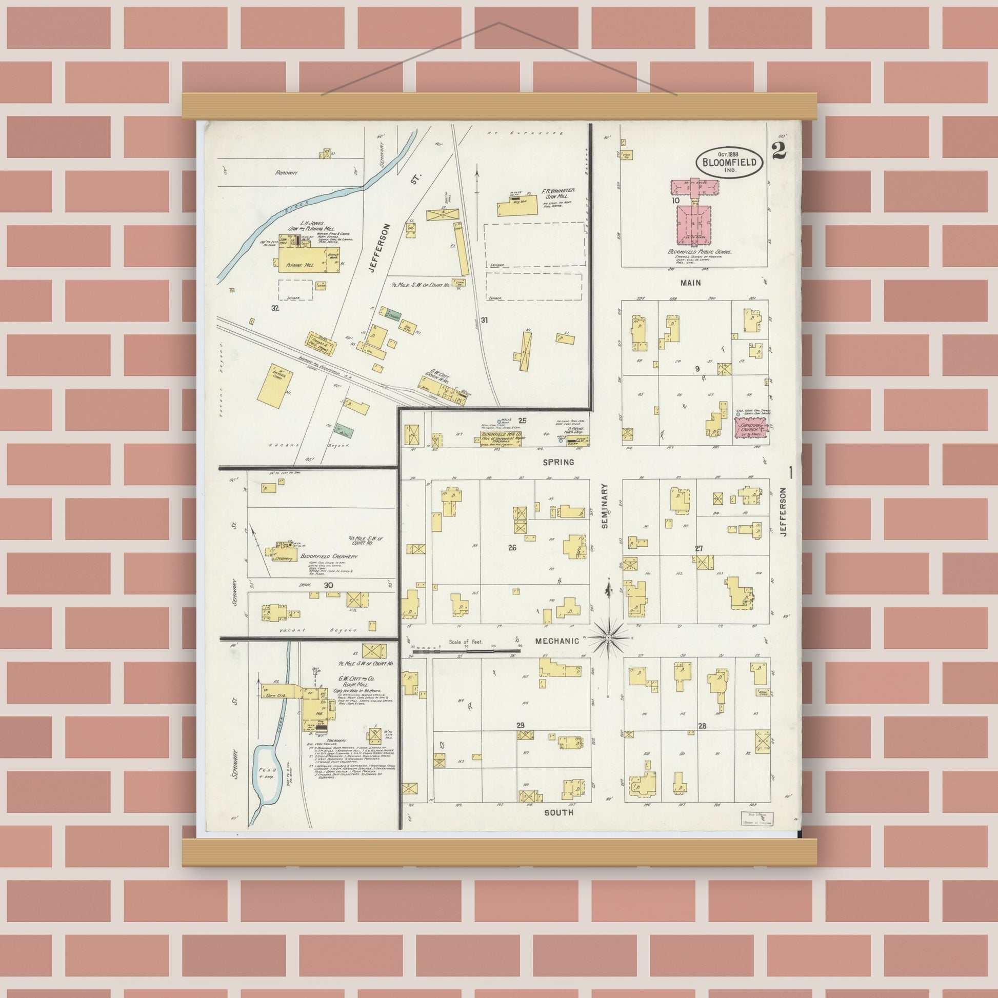 Old map wall art mockup — magnetic wood frame on brick wall — Sanborn Fire Insurance Map from Bloomfield, Greene County, Indiana (1898), Sheet #0002