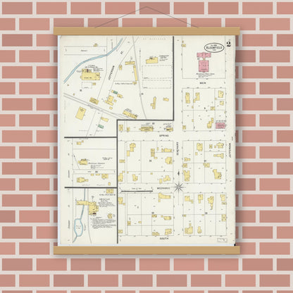 Old map wall art mockup — magnetic wood frame on brick wall — Sanborn Fire Insurance Map from Bloomfield, Greene County, Indiana (1898), Sheet #0002