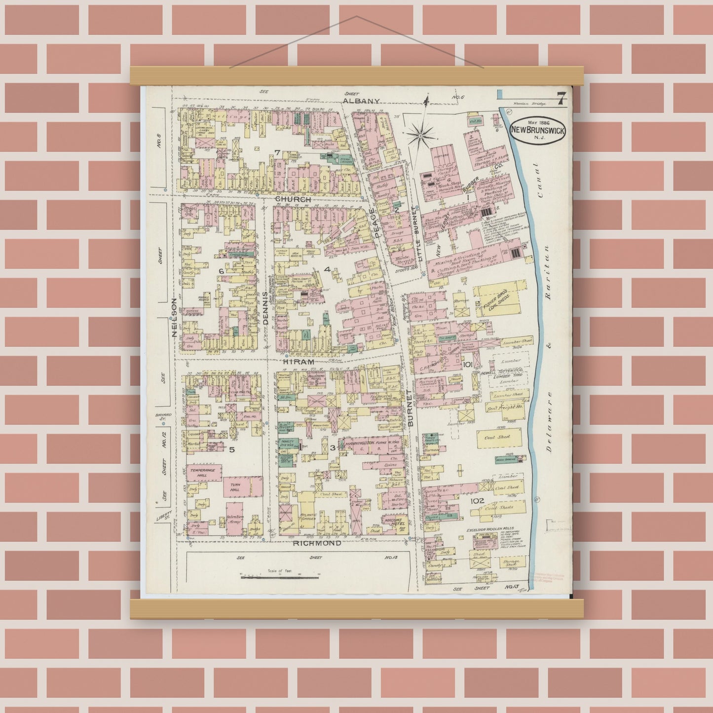 Old map wall art mockup — magnetic wood frame on brick wall — Sanborn Fire Insurance Map from New Brunswick, Middlesex County, New Jersey (1886), Sheet #0007