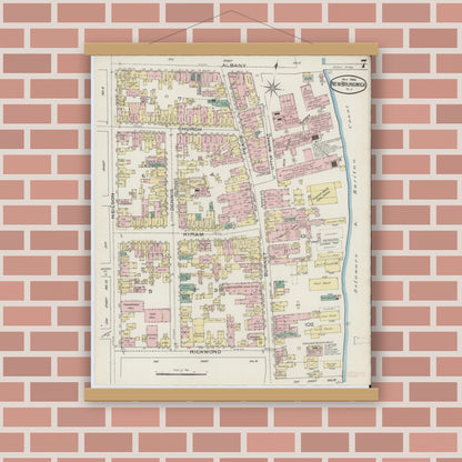 Old map wall art mockup — magnetic wood frame on brick wall — Sanborn Fire Insurance Map from New Brunswick, Middlesex County, New Jersey (1886), Sheet #0007