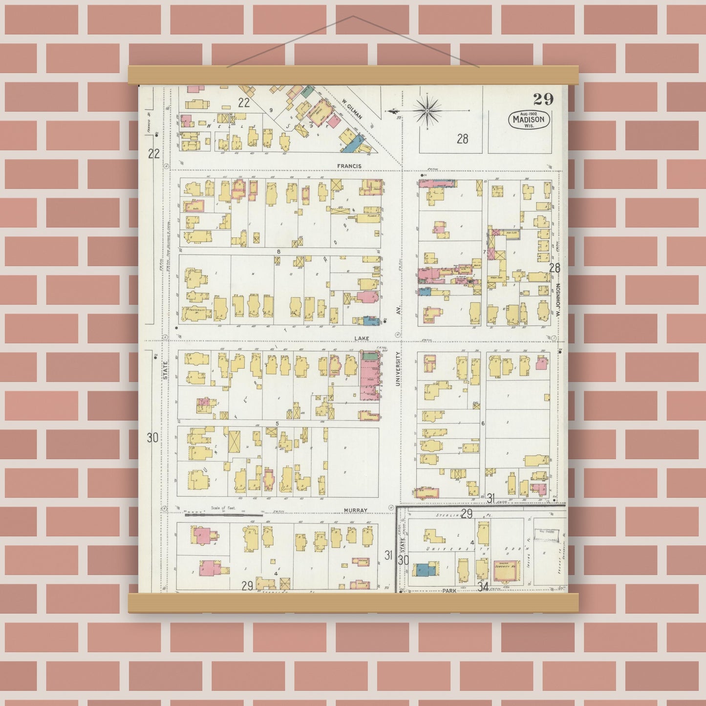 Old map wall art mockup — magnetic wood frame on brick wall — Sanborn Fire Insurance Map from Madison, Dane County, Wisconsin (1902), Sheet #0029