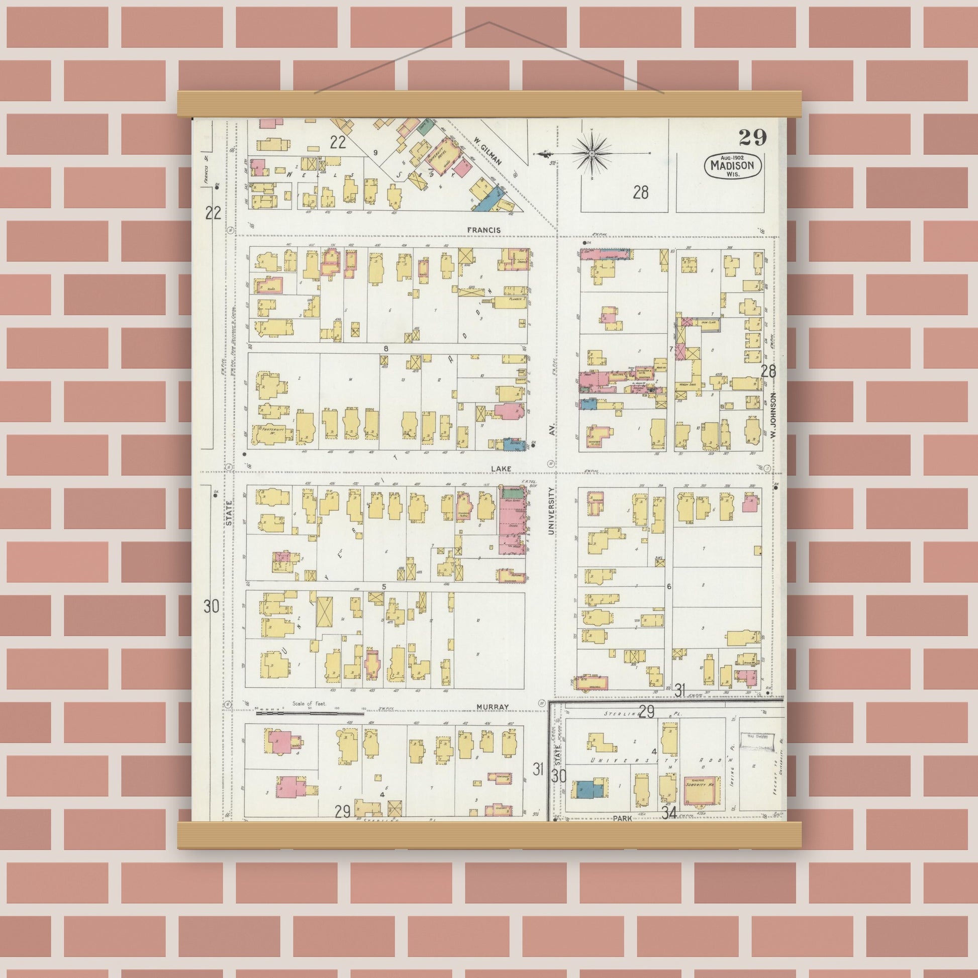 Old map wall art mockup — magnetic wood frame on brick wall — Sanborn Fire Insurance Map from Madison, Dane County, Wisconsin (1902), Sheet #0029