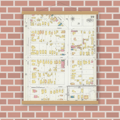 Old map wall art mockup — magnetic wood frame on brick wall — Sanborn Fire Insurance Map from Madison, Dane County, Wisconsin (1902), Sheet #0029