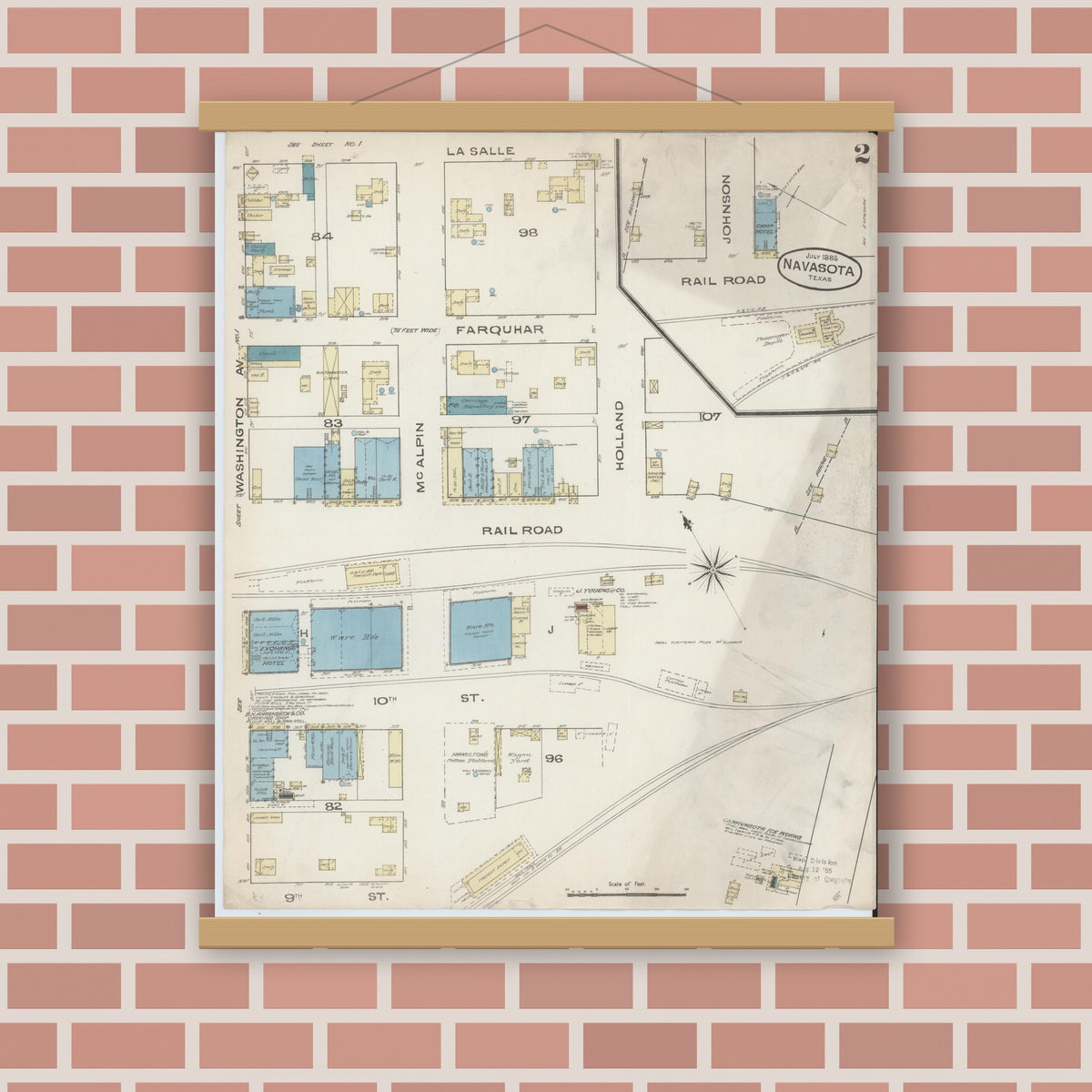 Old map wall art mockup — magnetic wood frame on brick wall — Sanborn Fire Insurance Map from Navasota, Grimes County, Texas (1885), Sheet #0002
