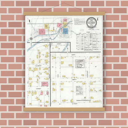 Old map wall art mockup — magnetic wood frame on brick wall — Sanborn Fire Insurance Map from Baltimore, Fairfield County, Ohio (1926), Sheet #0001