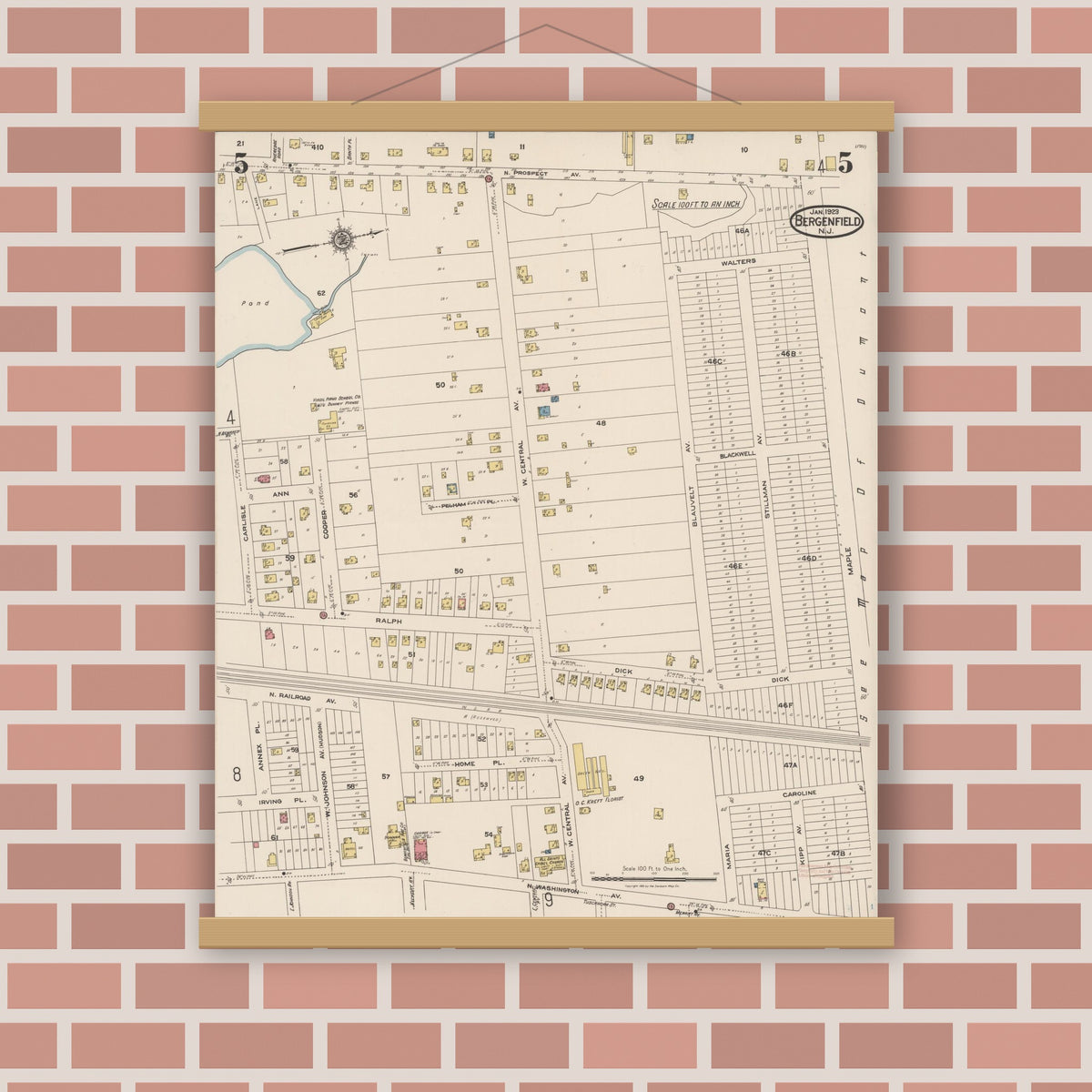Old map wall art mockup — magnetic wood frame on brick wall — Sanborn Fire Insurance Map from Bergenfield, Bergen County, New Jersey (1923), Sheet #0005