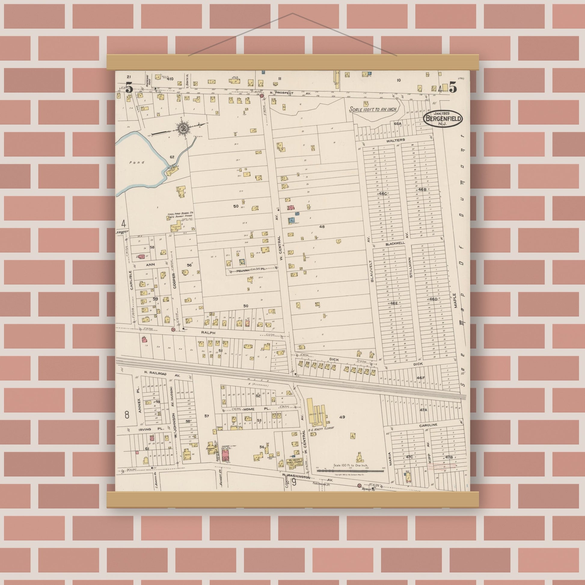 Old map wall art mockup — magnetic wood frame on brick wall — Sanborn Fire Insurance Map from Bergenfield, Bergen County, New Jersey (1923), Sheet #0005