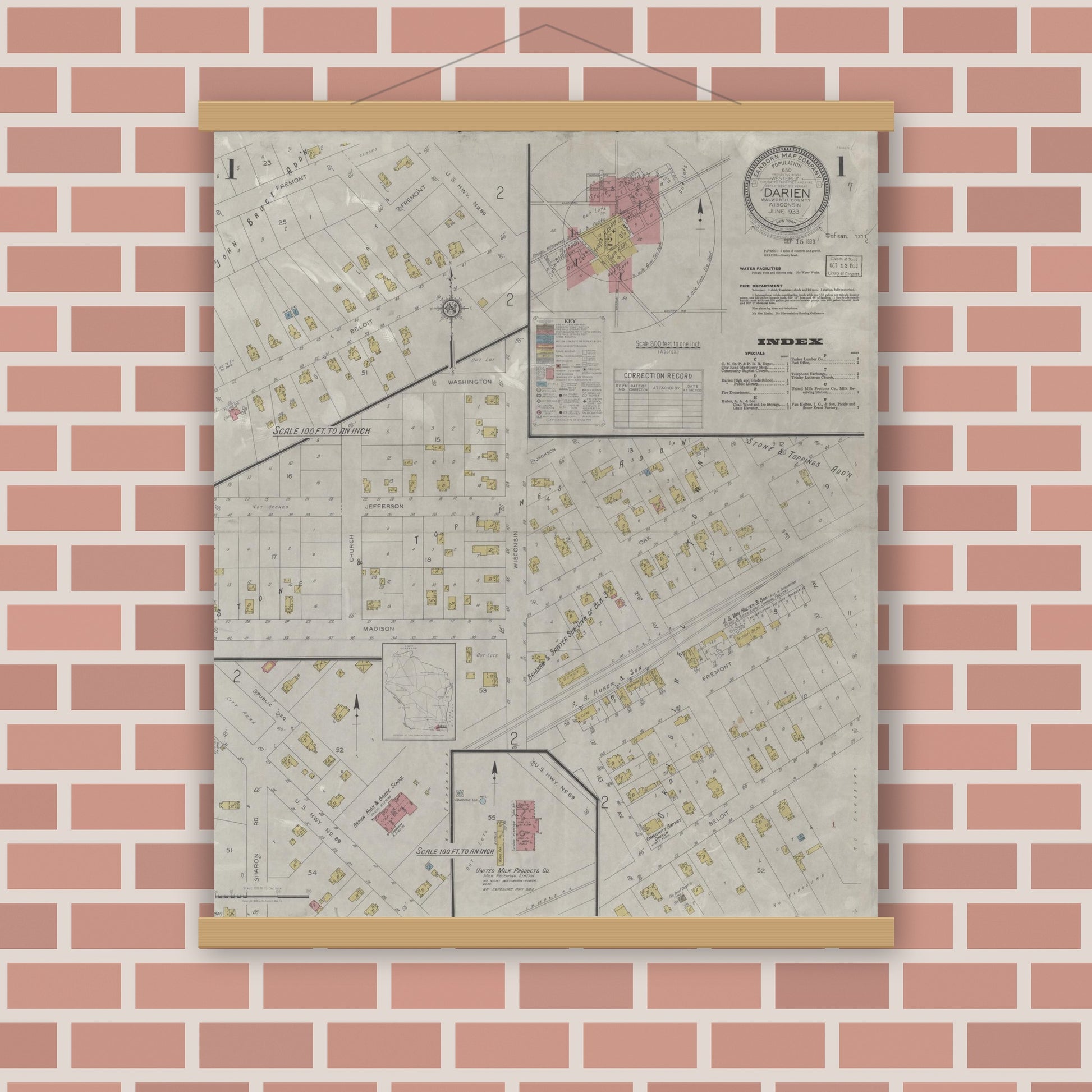 Old map wall art mockup — magnetic wood frame on brick wall — Sanborn Fire Insurance Map from Darien, Walworth County, Wisconsin (1933) - Complete Map Set