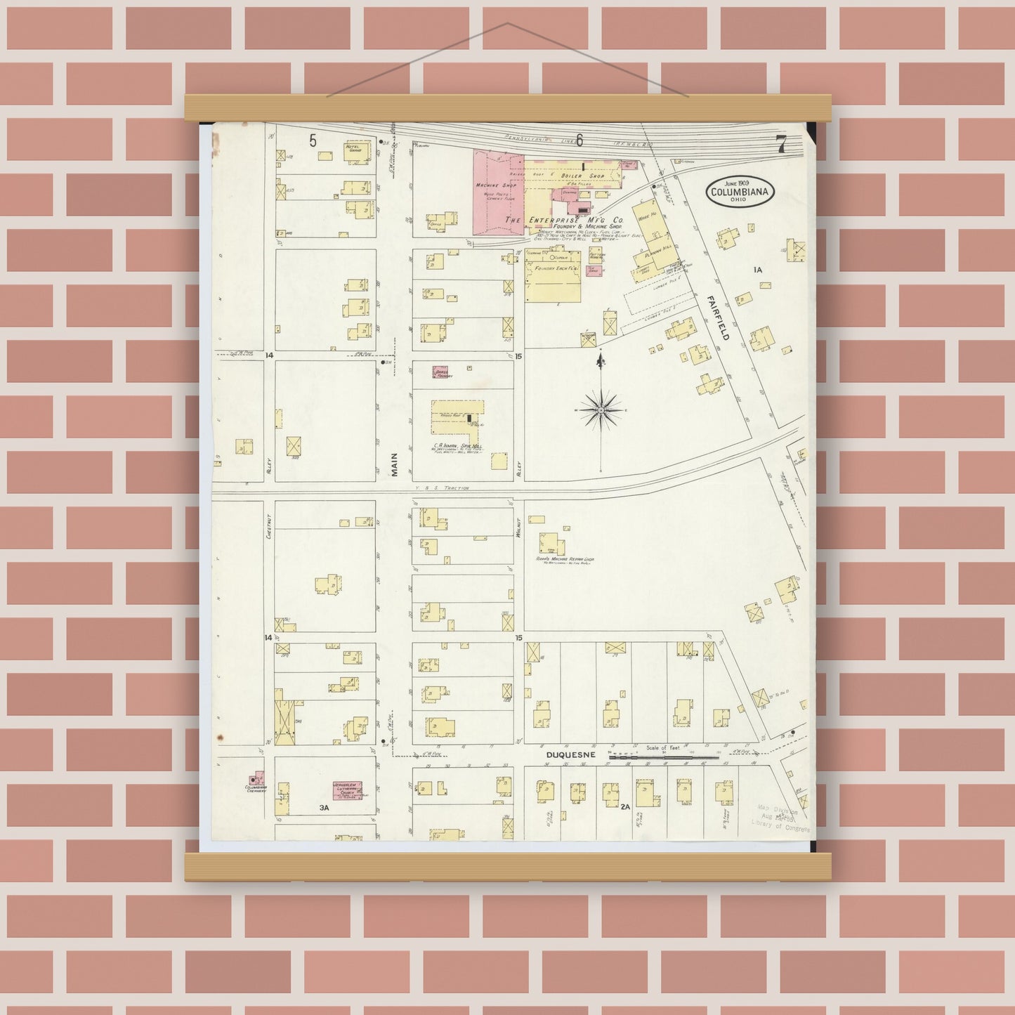Old map wall art mockup — magnetic wood frame on brick wall — Sanborn Fire Insurance Map from Columbiana, Columbiana County, Ohio (1909), Sheet #0007