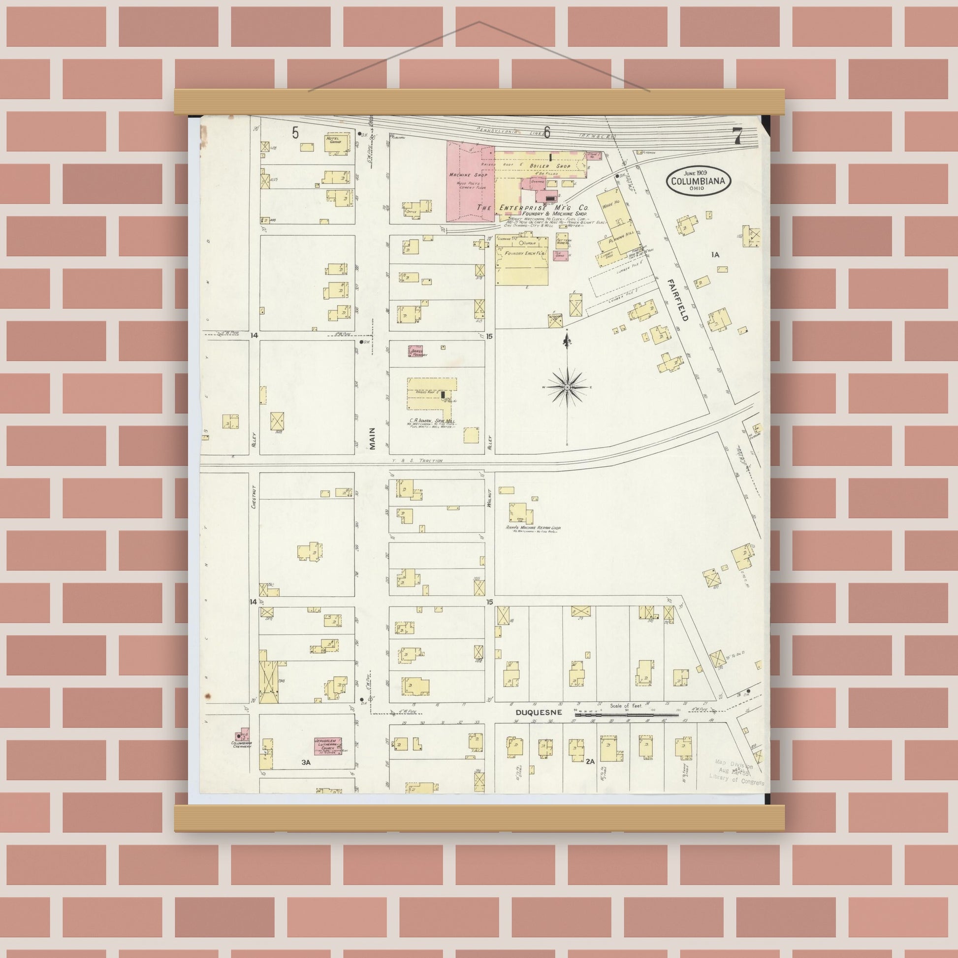 Old map wall art mockup — magnetic wood frame on brick wall — Sanborn Fire Insurance Map from Columbiana, Columbiana County, Ohio (1909), Sheet #0007