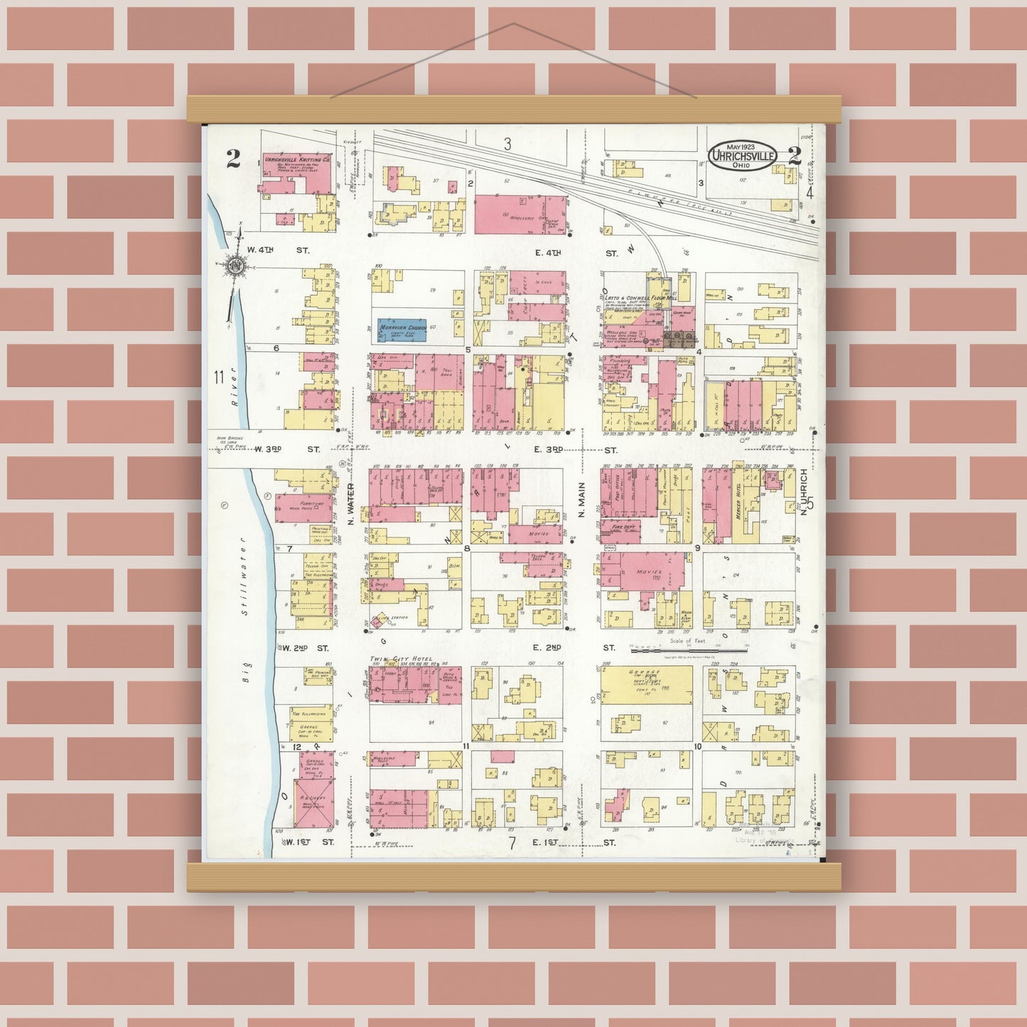 Old map wall art mockup — magnetic wood frame on brick wall — Sanborn Fire Insurance Map from Uhrichsville, Tuscarawas County, Ohio (1923), Sheet #0002