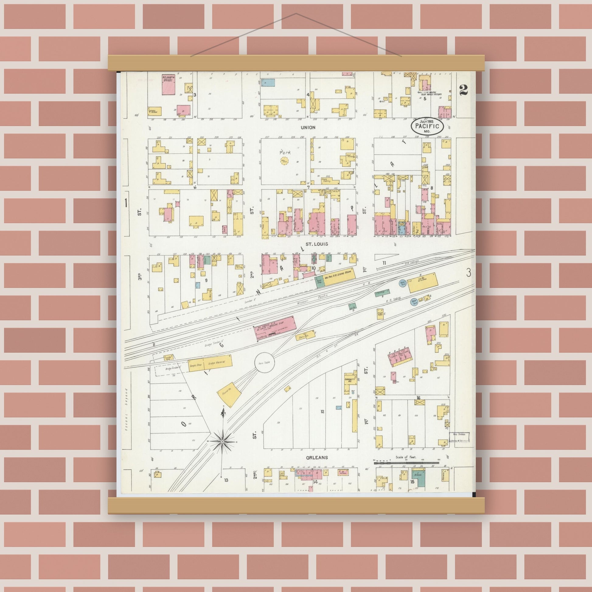 Old map wall art mockup — magnetic wood frame on brick wall — Sanborn Fire Insurance Map from Pacific, Franklin County, Missouri (1903), Sheet #0002