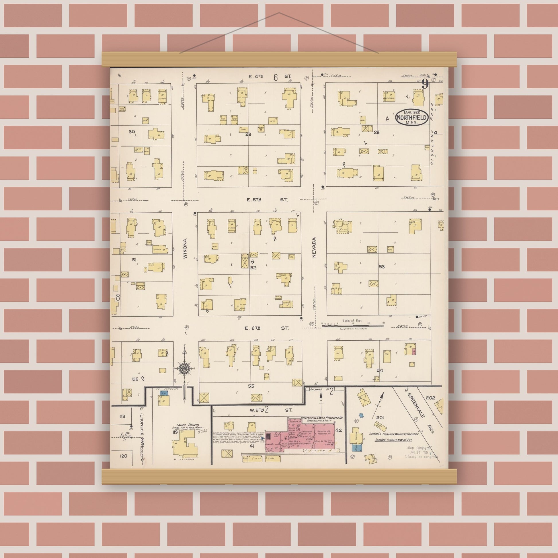 Old map wall art mockup — magnetic wood frame on brick wall — Sanborn Fire Insurance Map from Northfield, Rice County, Minnesota (1922), Sheet #0009