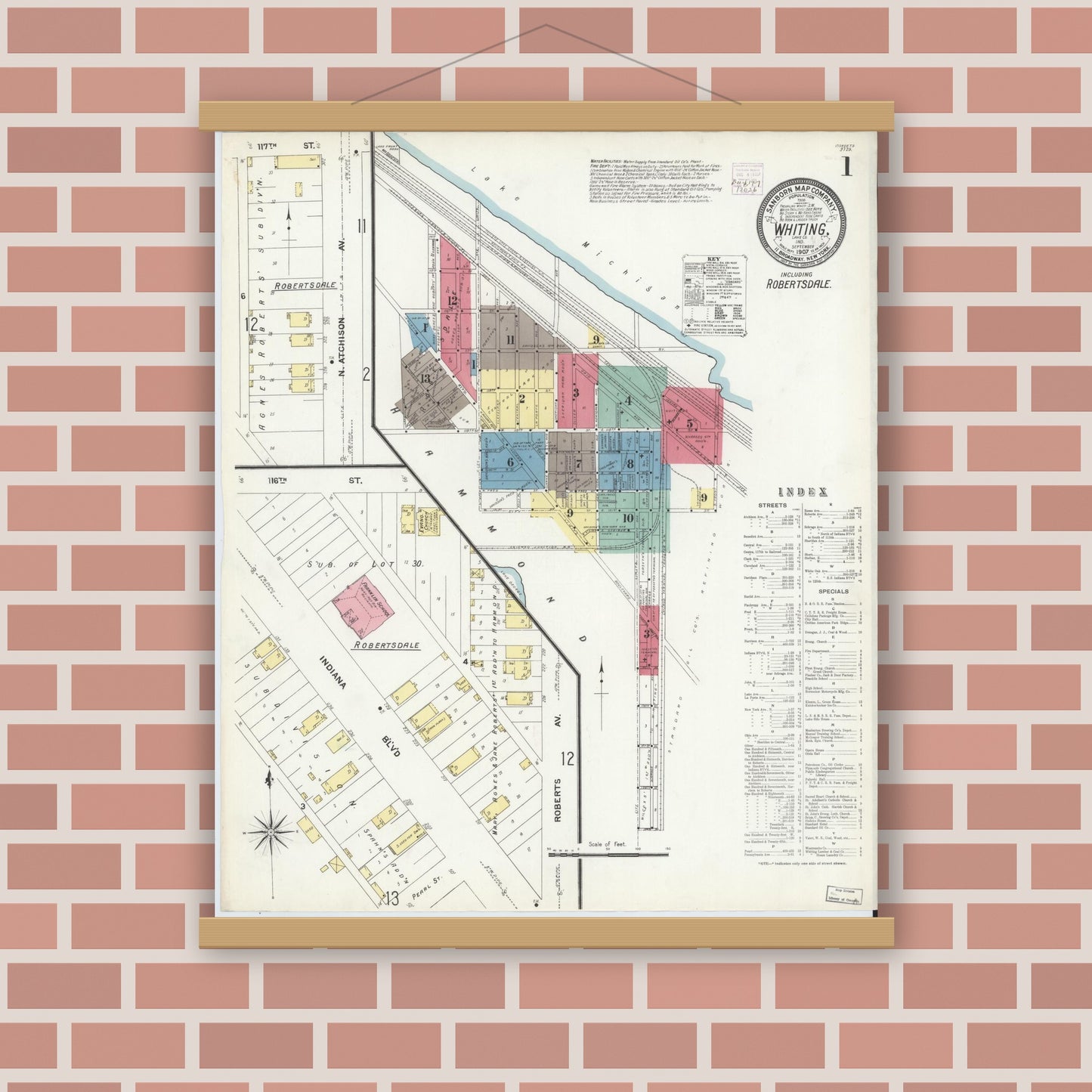 Old map wall art mockup — magnetic wood frame on brick wall — Sanborn Fire Insurance Map from Whiting, Lake County, Indiana (1907) - Complete Map Set