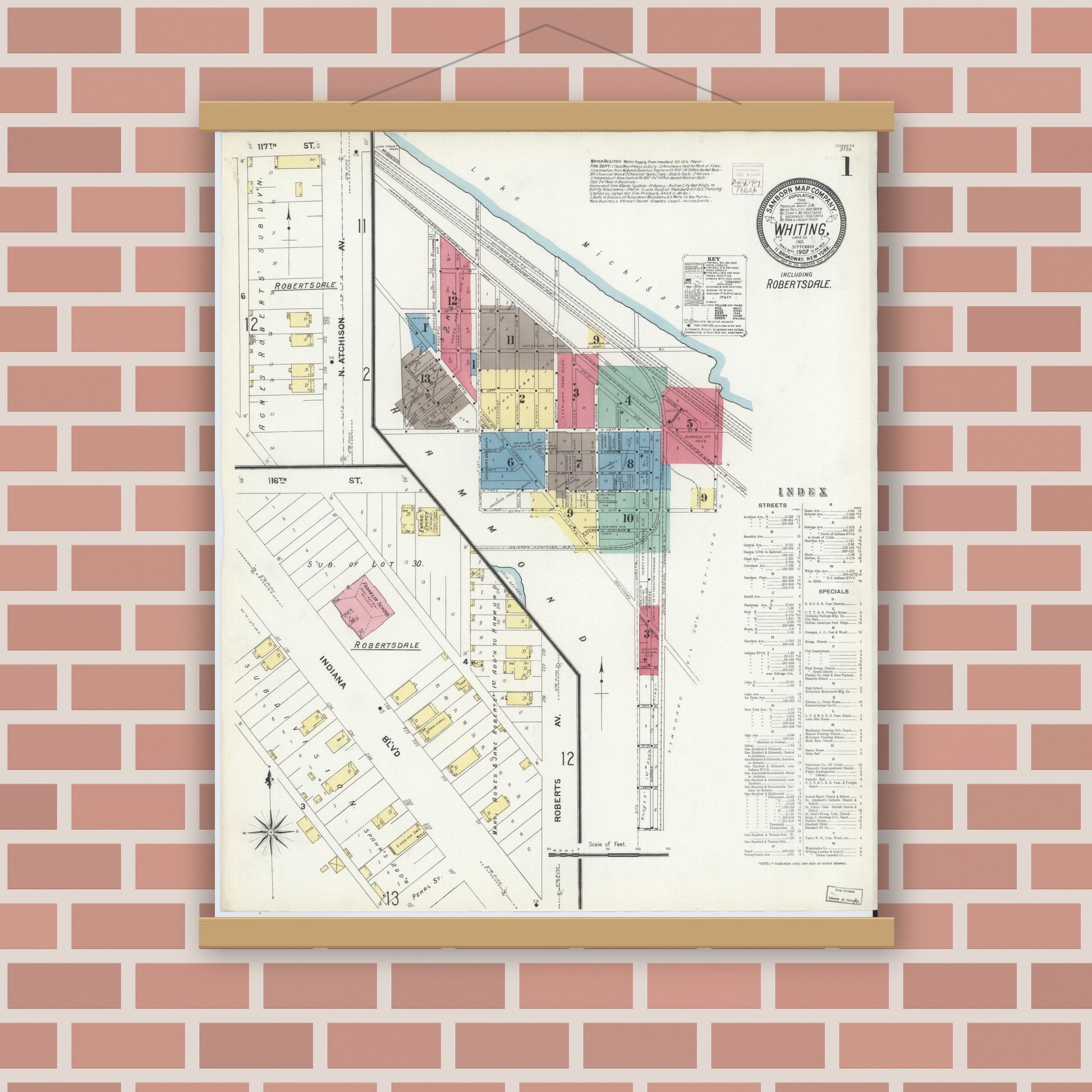 Old map wall art mockup — magnetic wood frame on brick wall — Sanborn Fire Insurance Map from Whiting, Lake County, Indiana (1907) - Complete Map Set