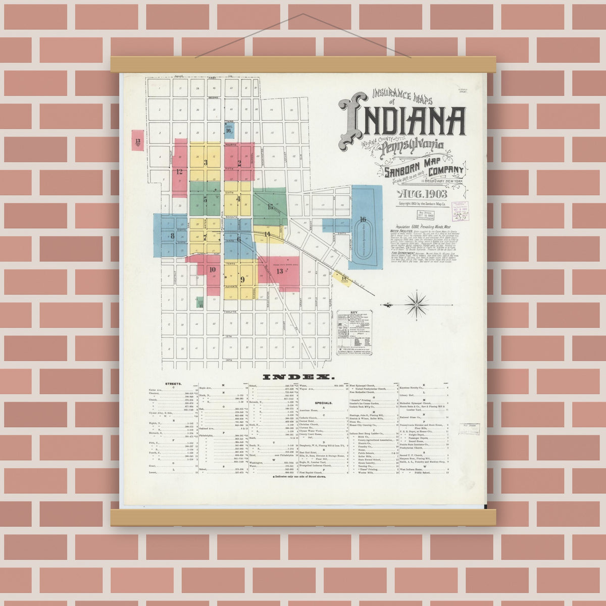 Old map wall art mockup — magnetic wood frame on brick wall — Sanborn Fire Insurance Map from Indiana, Indiana County, Pennsylvania (1903) - Complete Map Set