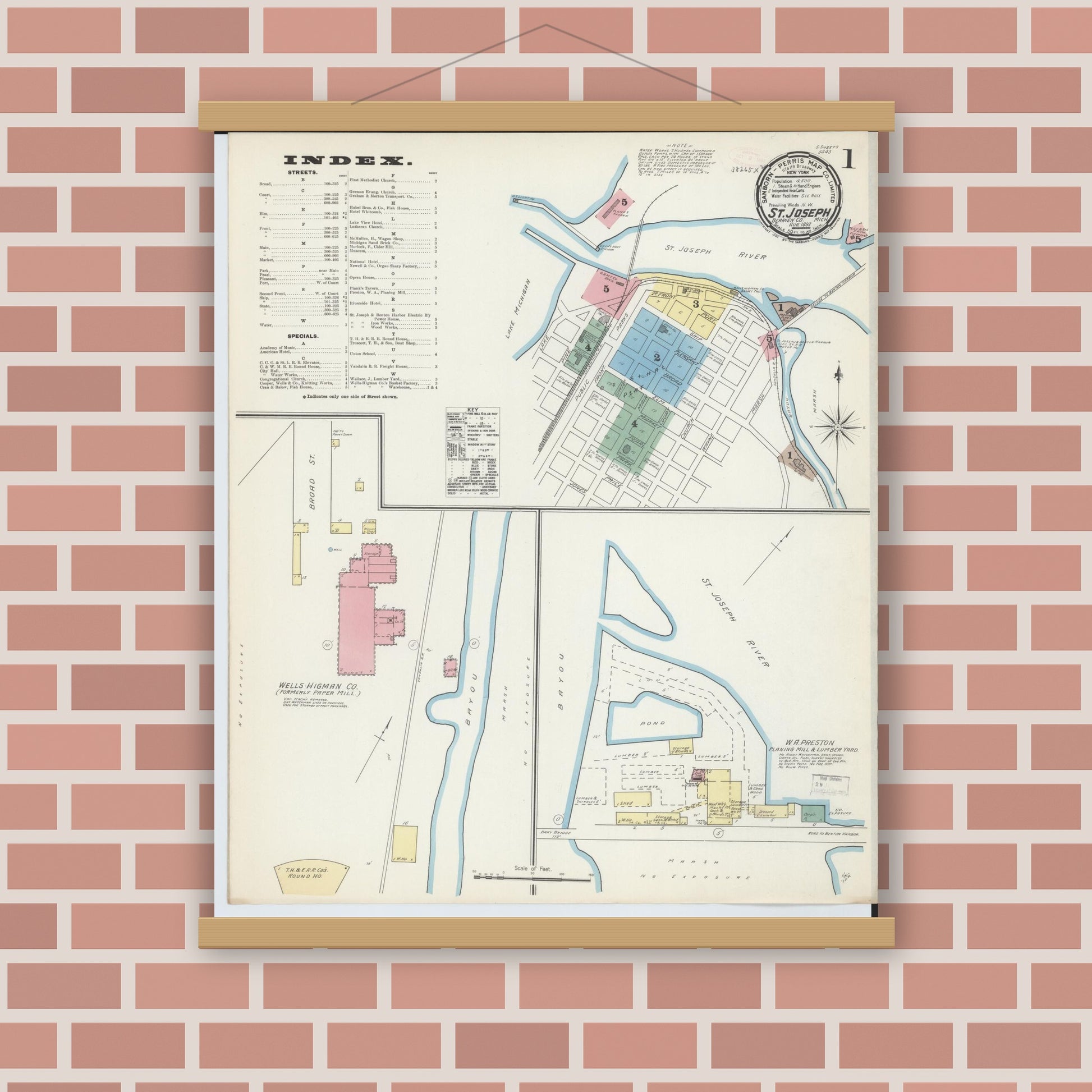 Old map wall art mockup — magnetic wood frame on brick wall — Sanborn Fire Insurance Map from Saint Joseph, Berrien County, Michigan (1892) - Complete Map Set