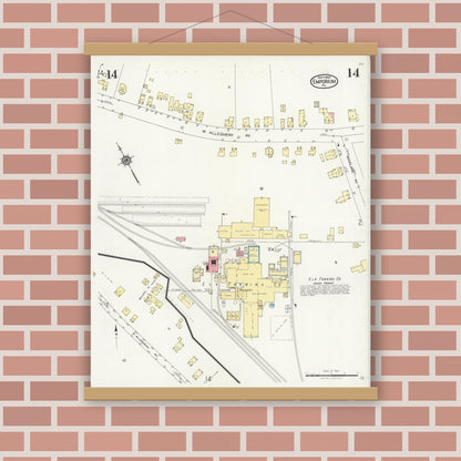 Old map wall art mockup — magnetic wood frame on brick wall — Sanborn Fire Insurance Map from Emporium, Cameron County, Pennsylvania (1925), Sheet #0014