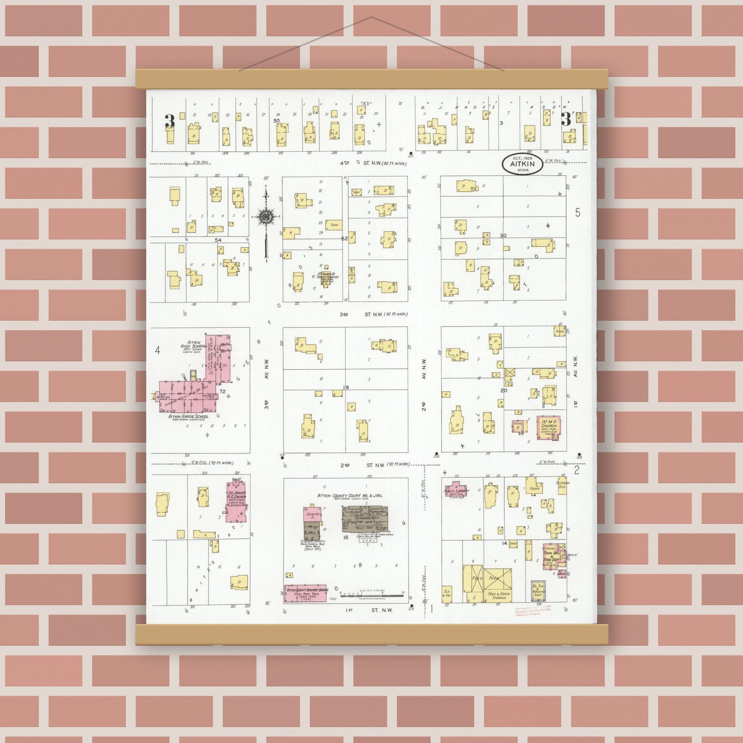 Old map wall art mockup — magnetic wood frame on brick wall — Sanborn Fire Insurance Map from Aitkin, Aitkin County, Minnesota (1929), Sheet #0003