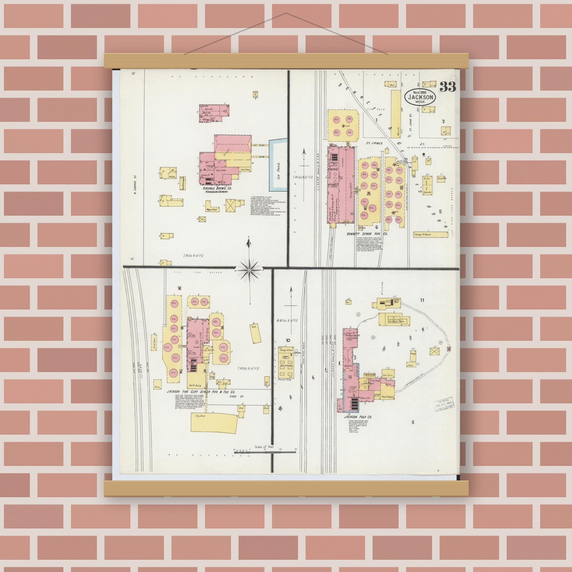 Old map wall art mockup — magnetic wood frame on brick wall — Sanborn Fire Insurance Map from Jackson, Jackson County, Michigan (1899), Sheet #0033