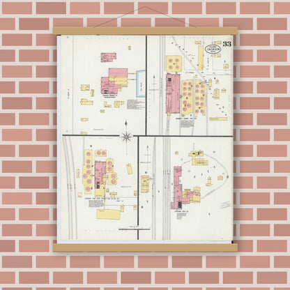 Old map wall art mockup — magnetic wood frame on brick wall — Sanborn Fire Insurance Map from Jackson, Jackson County, Michigan (1899), Sheet #0033