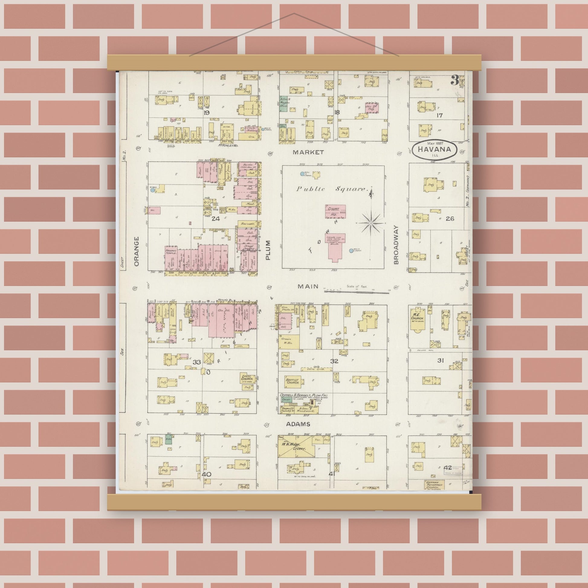 Old map wall art mockup — magnetic wood frame on brick wall — Sanborn Fire Insurance Map from Havana, Mason County, Illinois (1887), Sheet #0003