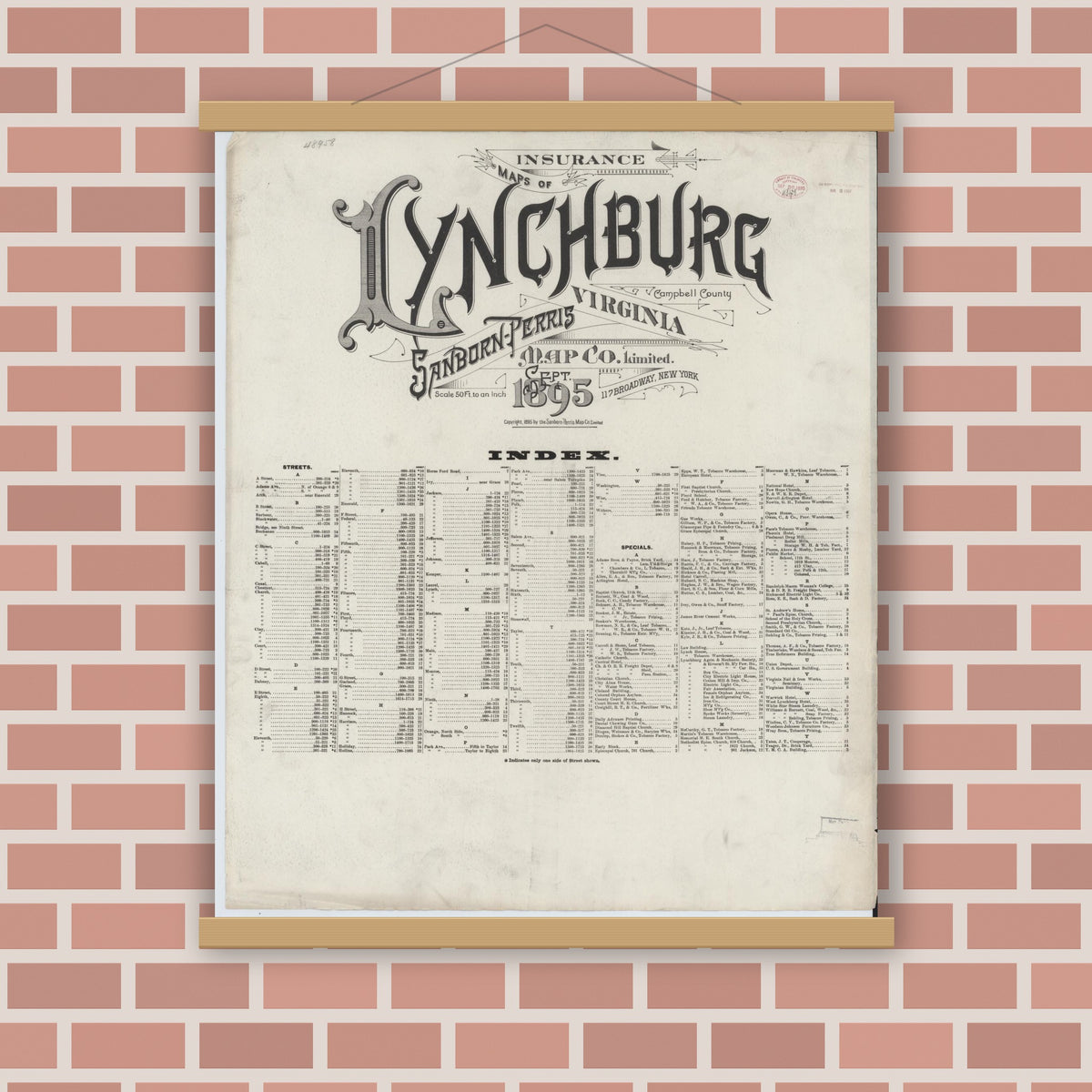 Old map wall art mockup — magnetic wood frame on brick wall — Sanborn Fire Insurance Map from Lynchburg, Independent Cities, Virginia (1895), Sheet #0001