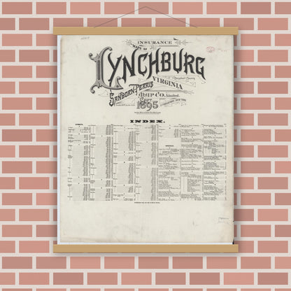 Old map wall art mockup — magnetic wood frame on brick wall — Sanborn Fire Insurance Map from Lynchburg, Independent Cities, Virginia (1895), Sheet #0001