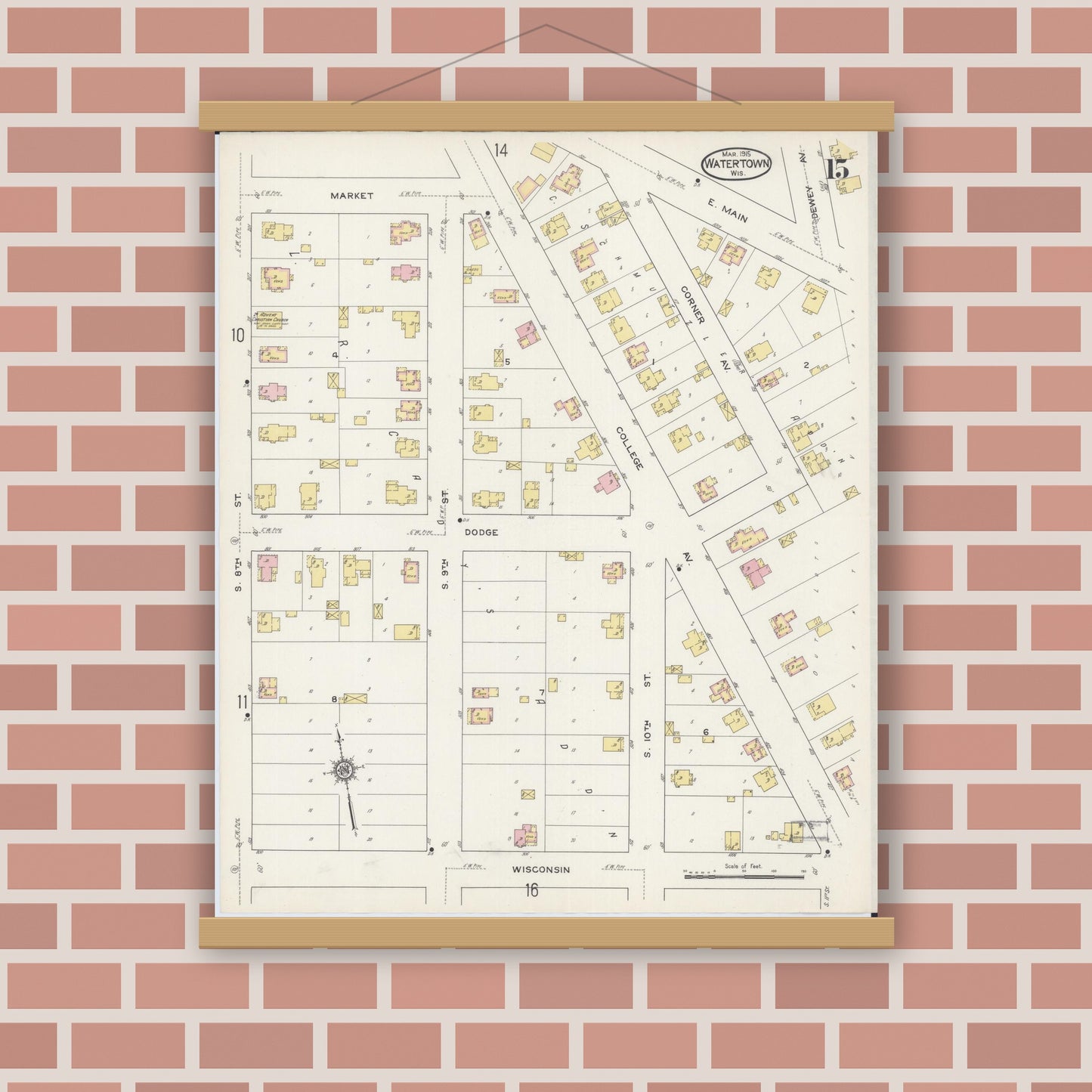 Old map wall art mockup — magnetic wood frame on brick wall — Sanborn Fire Insurance Map from Watertown, Jefferson County, Wisconsin (1915), Sheet #0016