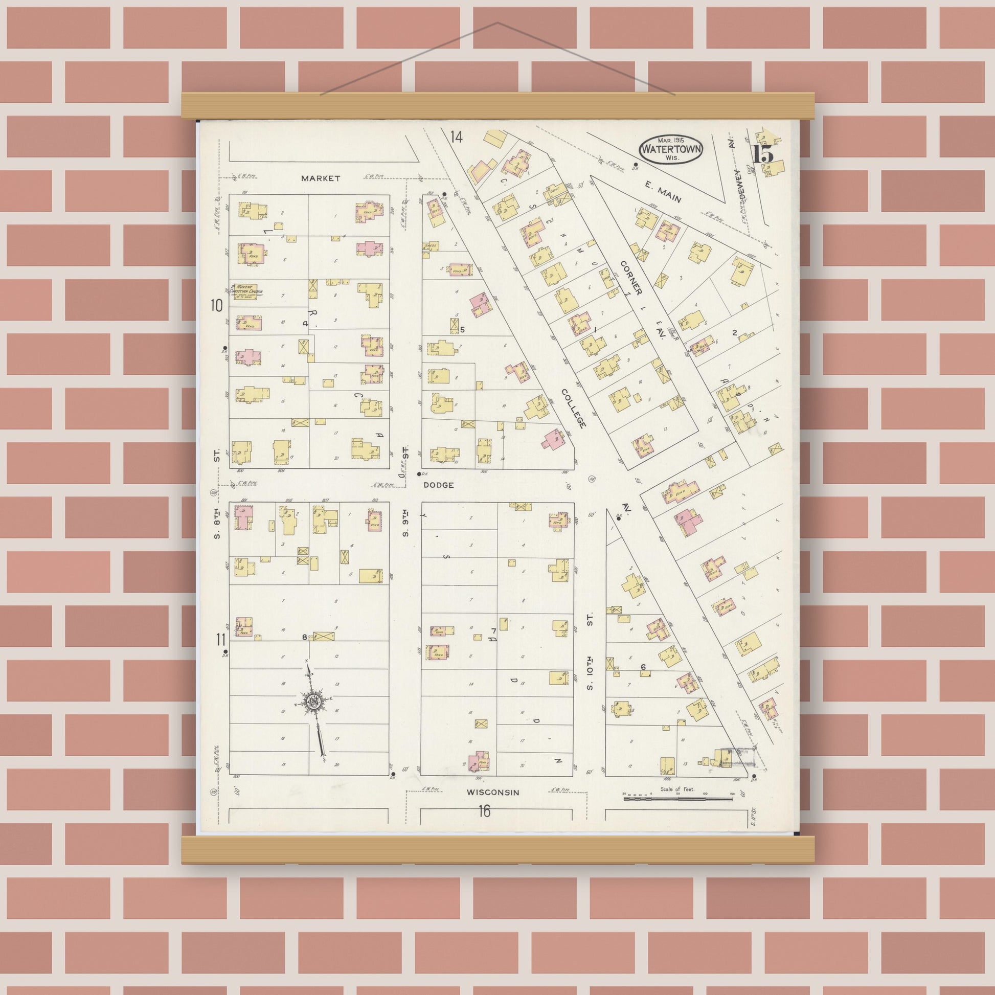 Old map wall art mockup — magnetic wood frame on brick wall — Sanborn Fire Insurance Map from Watertown, Jefferson County, Wisconsin (1915), Sheet #0016