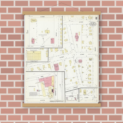 Old map wall art mockup — magnetic wood frame on brick wall — Sanborn Fire Insurance Map from Onarga, Iroquois County, Illinois (1907), Sheet #0002