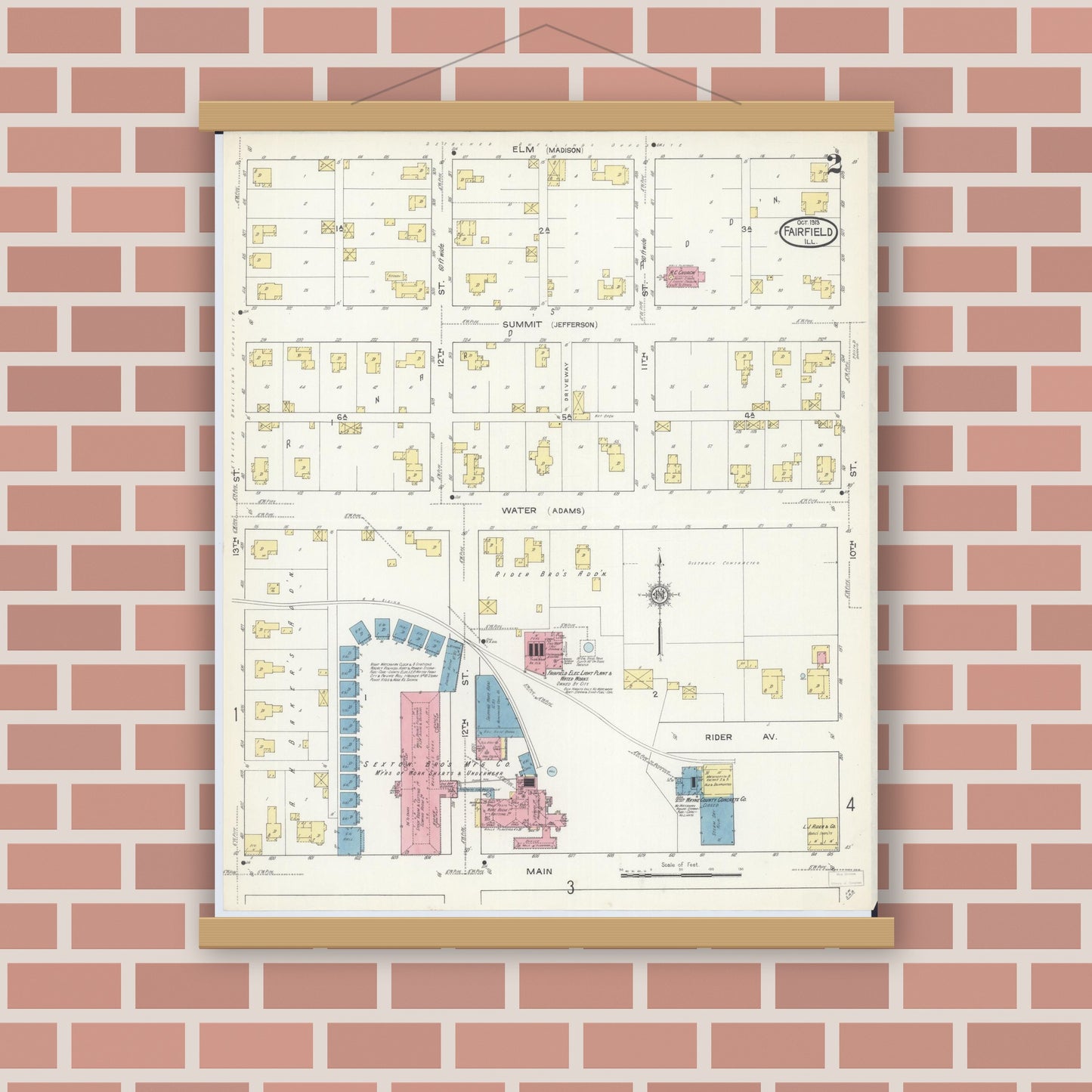 Old map wall art mockup — magnetic wood frame on brick wall — Sanborn Fire Insurance Map from Fairfield, Wayne County, Illinois (1913), Sheet #0002